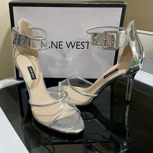 Nine West Mila size 10 silver clear strappy very high heels ankle strap open toe